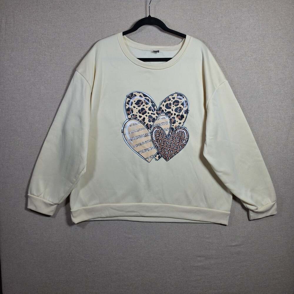 Leopard Heart Print Long Sleeve Cream Sweatshirt Womens Plus Sz 4XL Casual Tunic